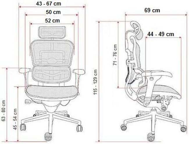 Ergonomiczne fotele biurowe Ergohuman Plus - wymiary
